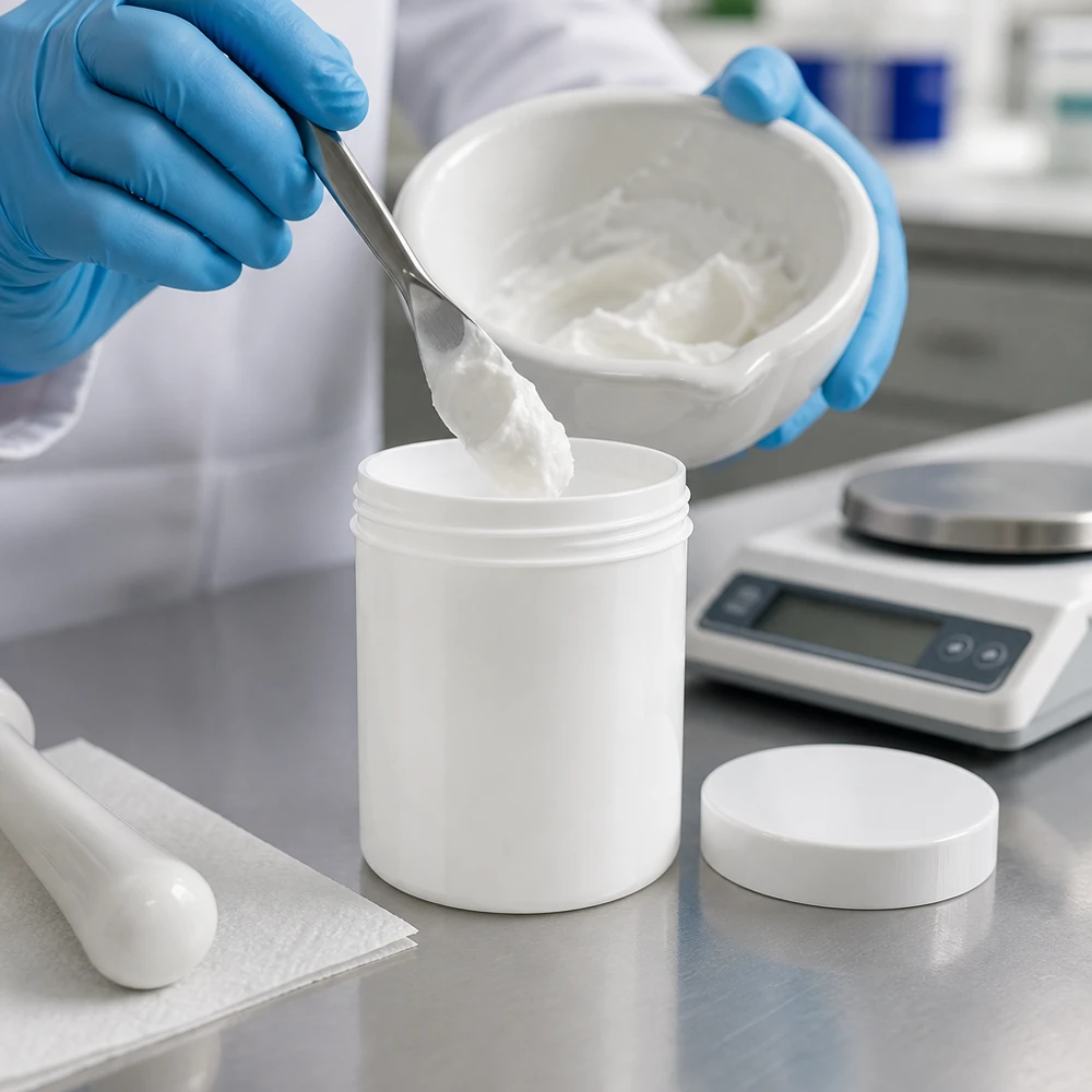 Pot à onguent blanc 20 g avec couvercle blanc (PP) Pot blanc en PP de 20 g, sans son couvercle à vis, à côté d'une balance de précision dans un laboratoire