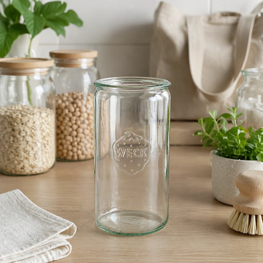 Vaso cilindrico WECK 1590ml RR100 trasparente in cucina sostenibile a spreco zero con vasi di stoccaggio e materiali naturali