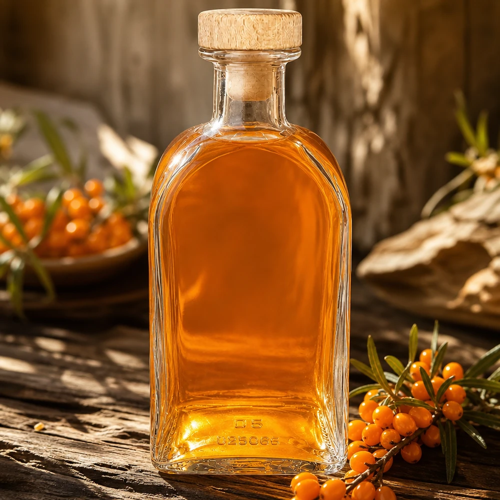 Flacone farmaceutico da 500 ml Julia con tappo in sughero con impugnatura in legno UNiTWIST® Bottiglia di vetro Julia da 500 ml con tappo di legno riempito di liquido ambrato su un tavolo di legno con bacche di olivello spinoso