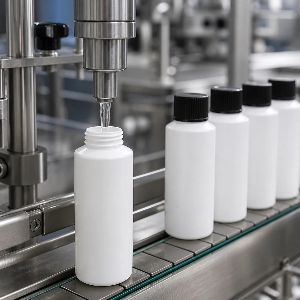 Remplissage précis d'un liquide dans un flacon de pharmacie blanc de 30 ml en HDPE muni d'un bouchon de sécurité noir