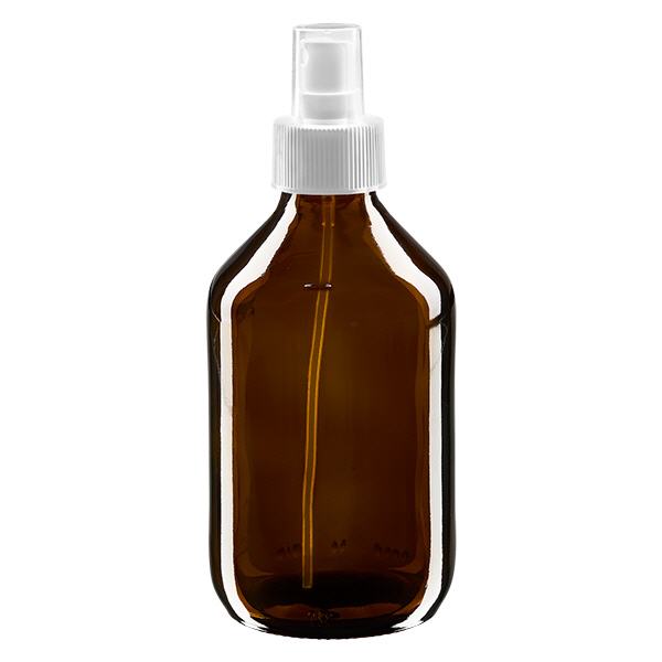 Flacone per medicinali da 250 ml marrone, con atomizzatore a pompa bianco ApoGlas Flacone per medicinali da 250 ml marrone, con atomizzatore a pompa bianco ApoGlas
