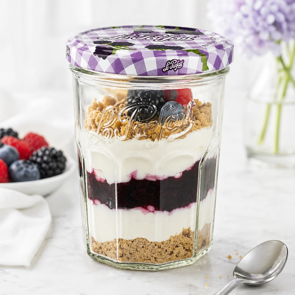 Le Parfait® Jam 385 ml Ø82 mm vaso marmellata I tumbler Le Parfait da 385 ml riempiti con dessert a strati di frutti di bosco mostrano un uso versatile come bicchiere da dessert