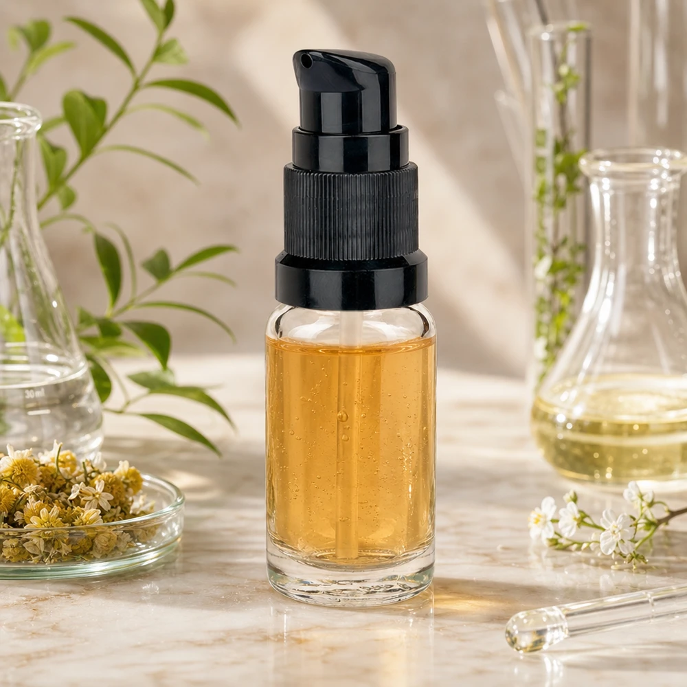 10ml Pumpflasche schwarz Standardverschluss ClearLine UT18/10 Kompakte Serumflasche aus Klarglas mit schwarzer Pumpe auf Marmor mit Glaslaborgefäßen