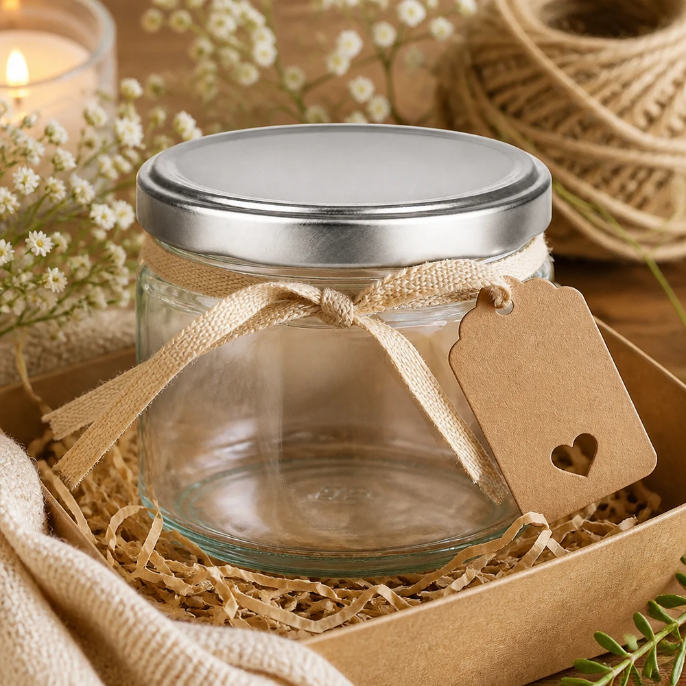 Barattolo rotondo da 330 ml con coperchio BasicSeal argentato in regalo, decorato con fiocco ed etichetta in confezione regalo