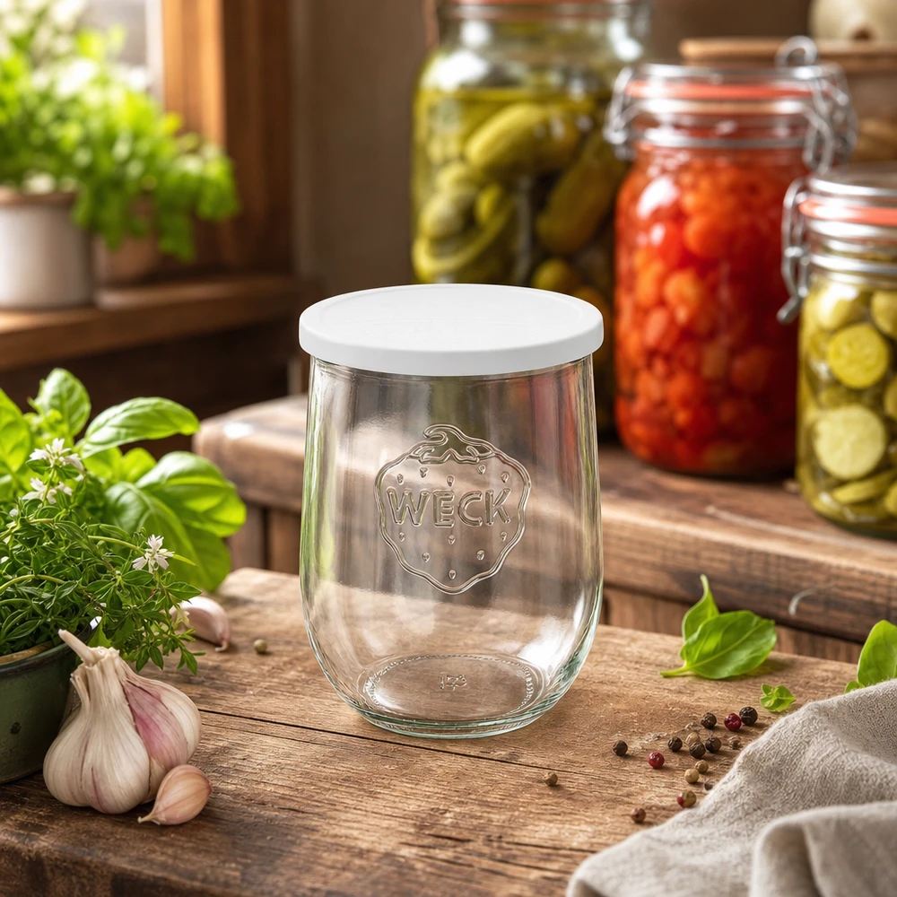1062ml bocal tulipe avec couvercle fraîcheur WECK RR100 WECK Pot tulipe 1062ml dans la cuisine avec des légumes marinés et des herbes fraîches arrangés de manière décorative