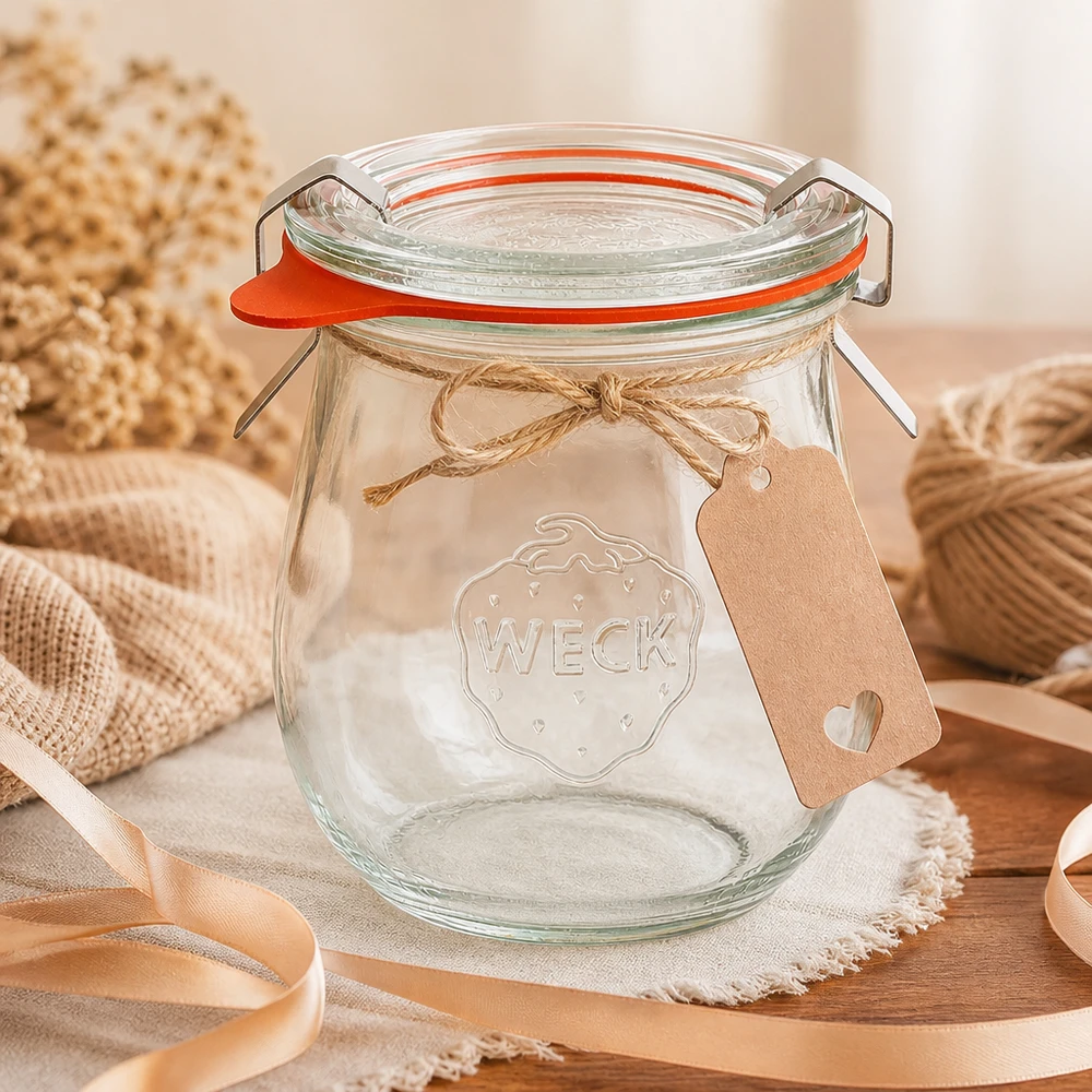 Vaso a tulipano da 220 ml completo WECK RR60 Vaso WECK a tulipano da 220 ml RR60 con etichetta regalo e fiocco di iuta disposti in modo decorativo su un tovagliolo di lino