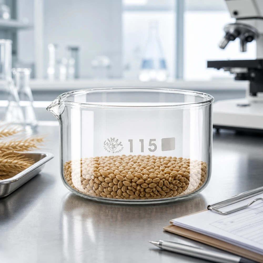 Coupelle de cristallisation 500 ml avec bec verseur Coupelle de cristallisation SIMAX de 500 ml remplie de grains de blé – Analyse en laboratoire – Verre borosilicaté – ø 115 mm