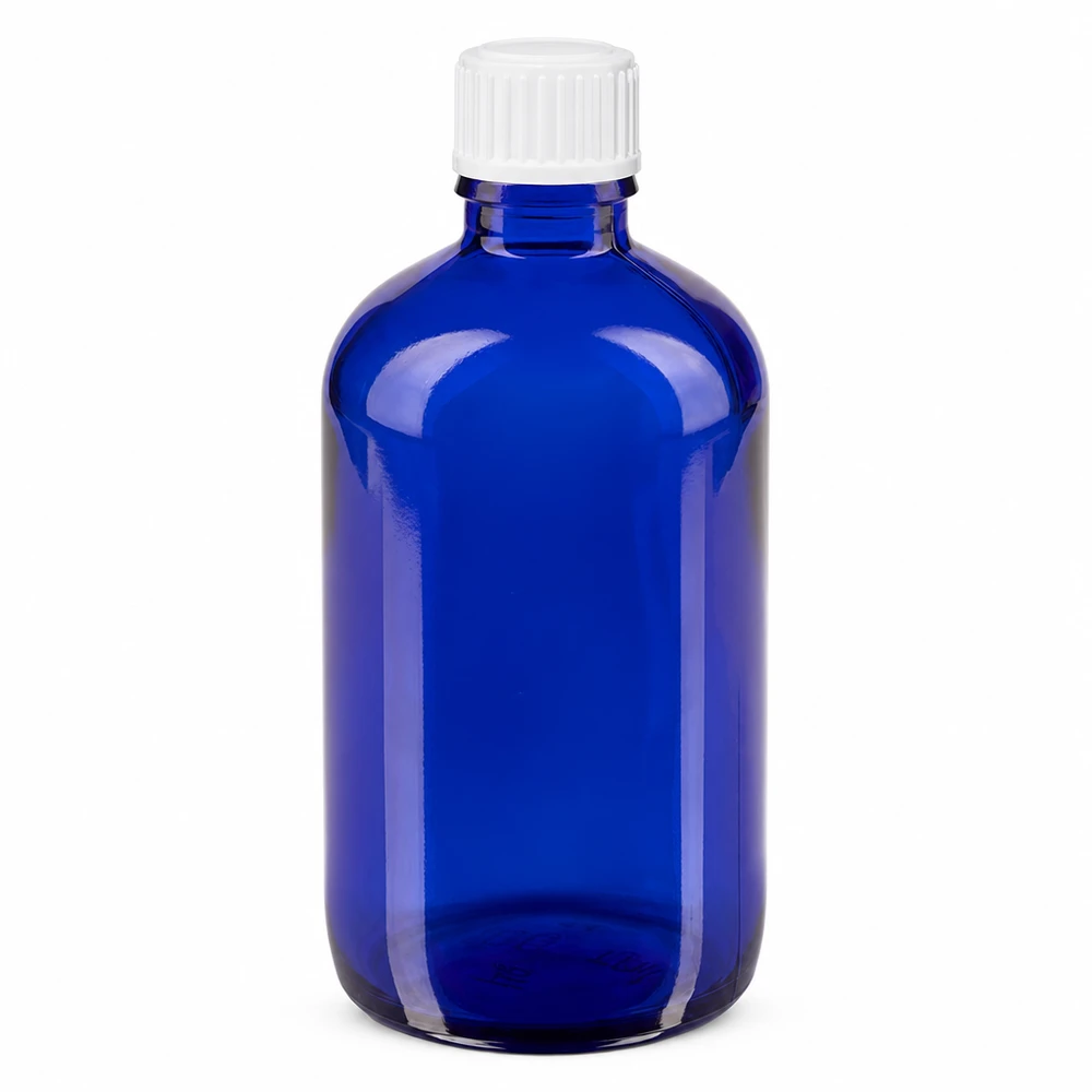 Flacon de pharmacie bleu 100ml bouchon compte-gouttes blanc 0.8mm Std Flacon de pharmacie bleu de 100 ml en verre borosilicaté avec bouchon compte-gouttes blanc de 0,9 mm