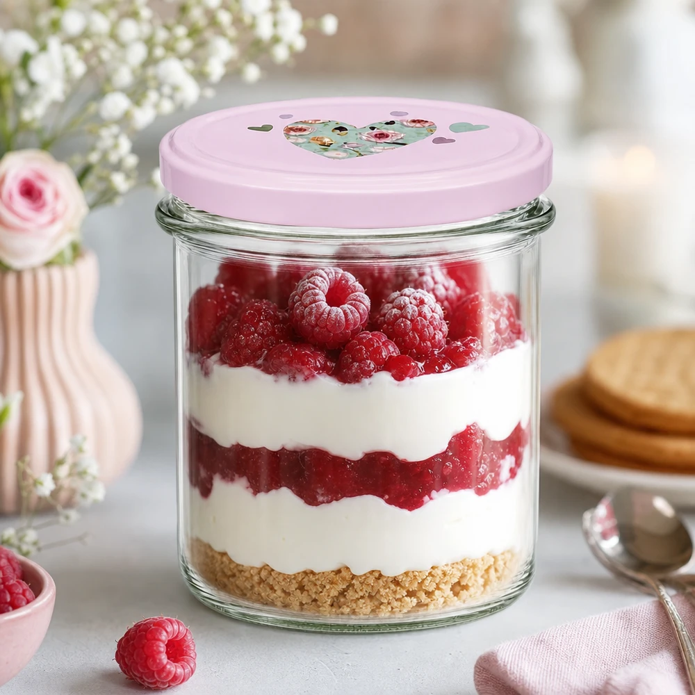 350ml Sturzglas + BasicSeal Deckel Herz rosa UNiTWIST 350ml Sturzglas rosa Herzdeckel Dessert Tiramisu Himbeer-Schichtdessert Küche Vorratsglas süße Nachspeise servieren