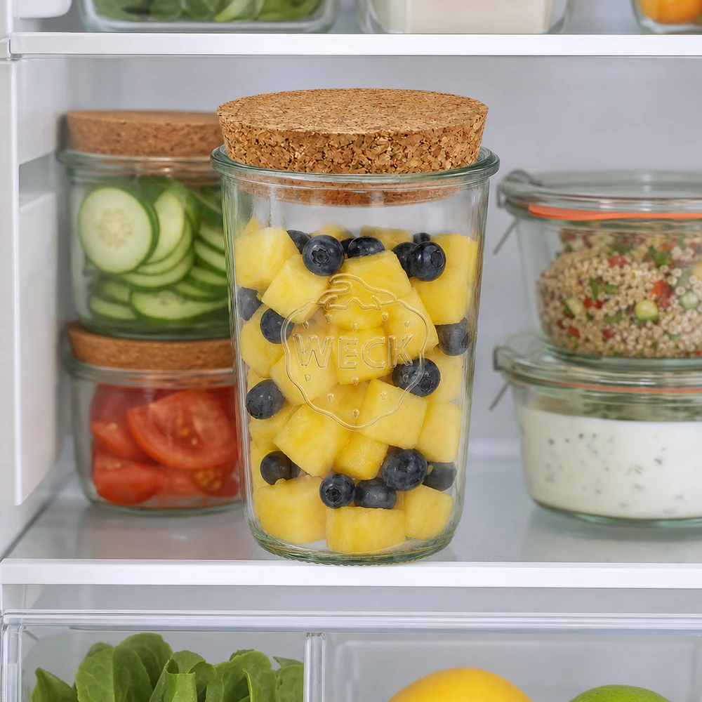 850ml Sturzglas WECK RR100 mit Korken natur WECK Sturzglas 850ml RR100 mit Korken im Kühlschrank gefüllt mit Ananas und Blaubeeren neben anderen Vorratsgläsern