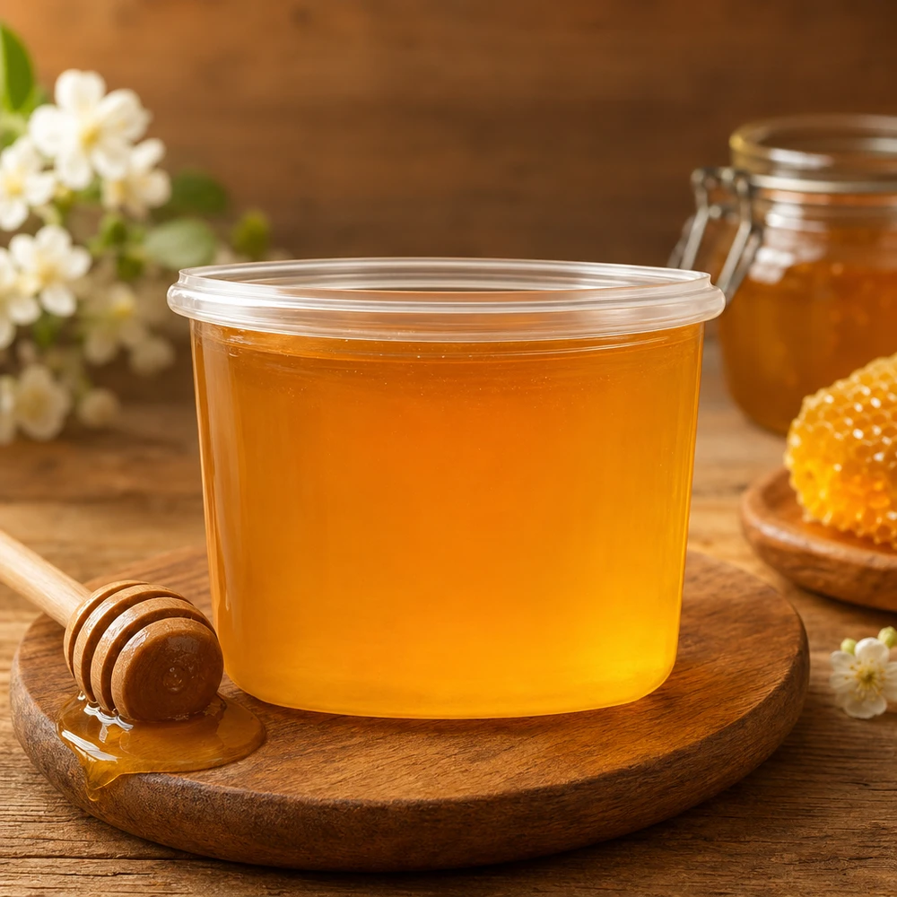 Bocal WECK RR40 de 35 ml WECK Sturzglas 35ml RR40 mit Honig gefüllt auf Holzbrett mit Honiglöffel und Bienenwabe