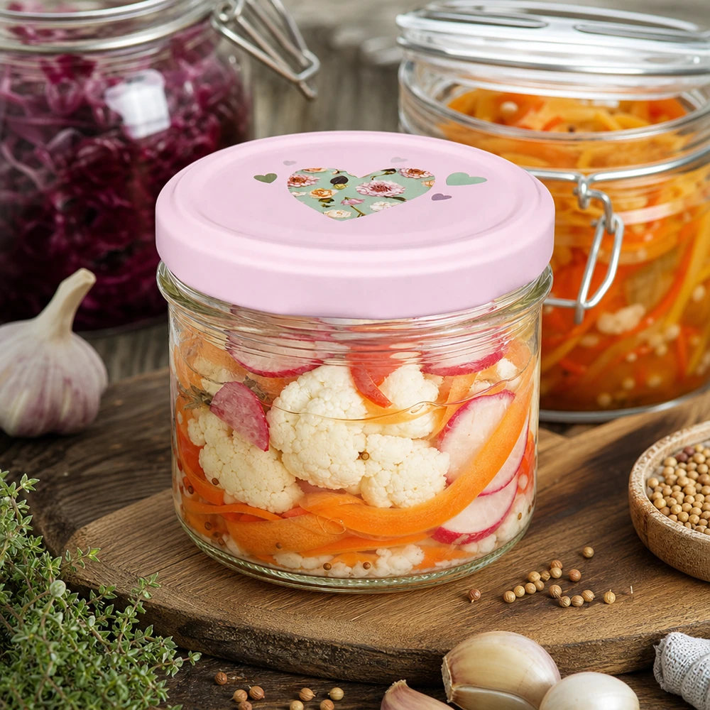 225ml Sturzglas + BasicSeal Deckel Herz rosa UNiTWIST 225ml Sturzglas mit rosa Herzdeckel für eingelegtes Gemüse und Fermentation neben Gewürzen und Kräutern