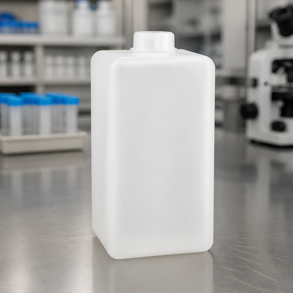 Flacon à produits chimiques 1500 ml à col étroit, PEHD couleur naturelle, avec bouchon GL 32 Flacon de laboratoire en PE-HD de couleur naturelle, 1 500 ml, avec bouchon à vis blanc, col étroit, adapté au contact alimentaire