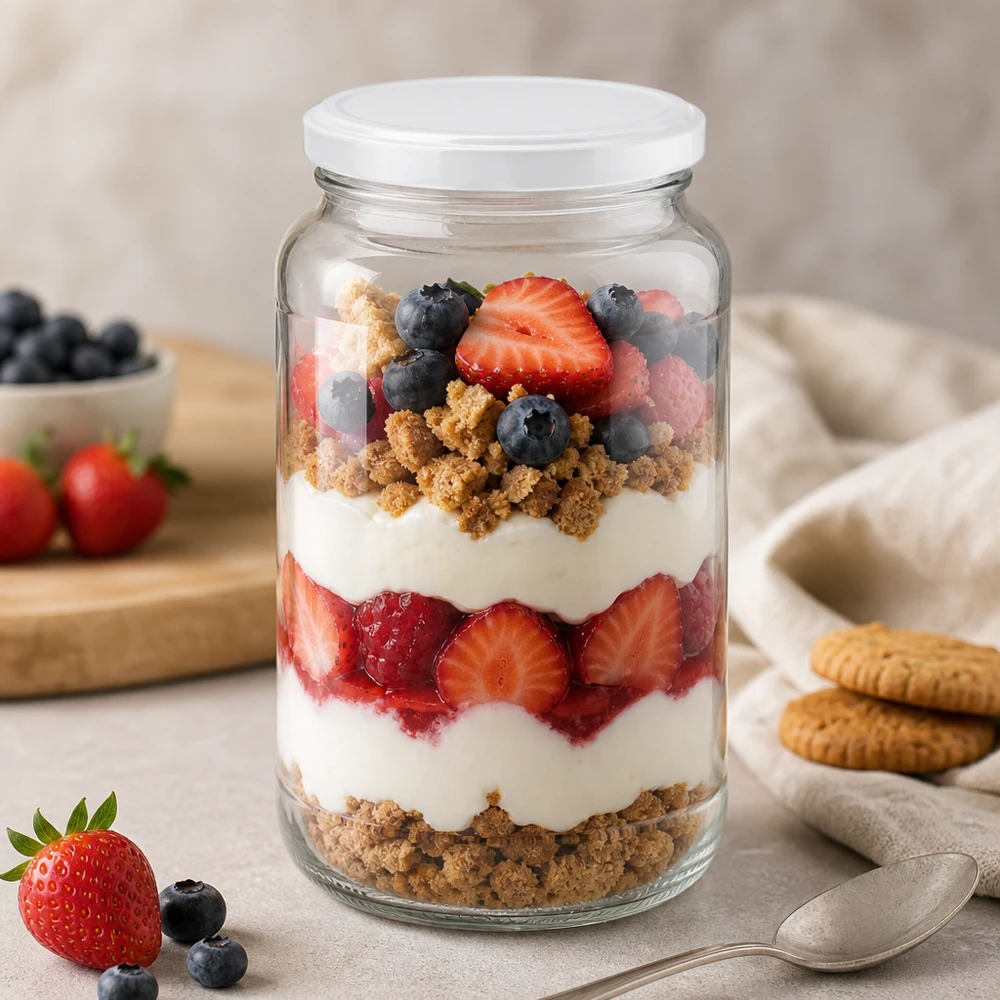 Vasetto rotondo da 1700 ml con coperchio BasicSeal come vasetto da dessert per trifle ai frutti di bosco con yogurt e briciole di biscotti
