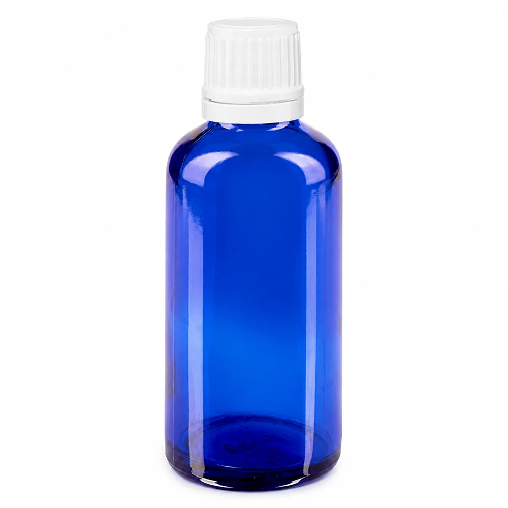 Pharmazeutische 50ml Tropfflasche blau mit weißem OV Verschluss aus hochwertigem Glas