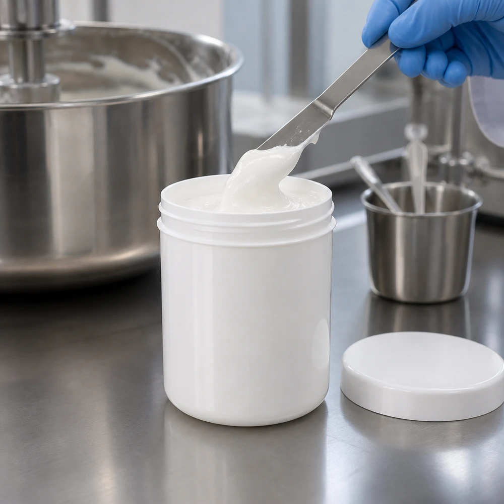 Pot à onguent blanc 500 g avec couvercle blanc (PP) Remplissage professionnel de pommade à l'aide d'une spatule dans un pot blanc de 500 g en polypropylène, en laboratoire