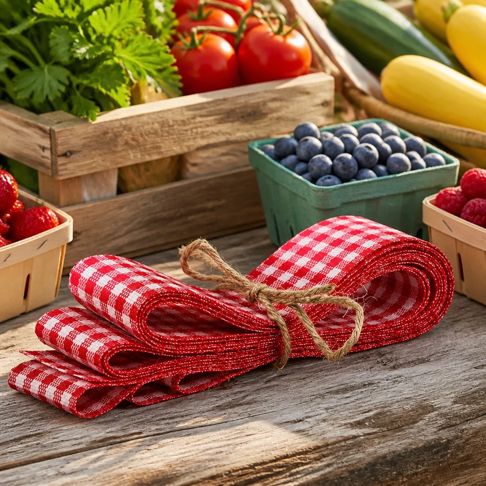 Nastro in tessuto rosso/bianco per decorazioni, 300 cm Nastro in tessuto a quadretti bianchi e rossi di 300 cm su tavolo di legno con bacche fresche, pomodori e verdure in stile casa di campagna