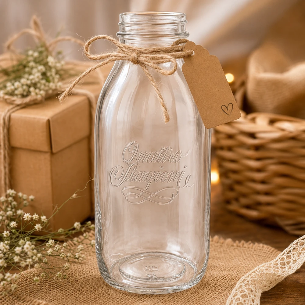Quattro Stagioni 1000ml bottiglia in vetro a collo largo con tappo in sughero e decorazione rustica su tavolo in legno