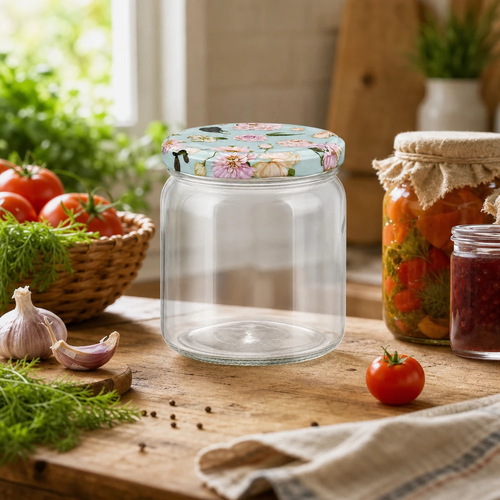 Barattolo rotondo da 408 ml + coperchio BasicSeal flower mint UNiTWIST Vaso rotondo da 408 ml vuoto con coperchio BasicSeal fiore di menta in cucina rustica accanto a pomodori e barattoli da conserva