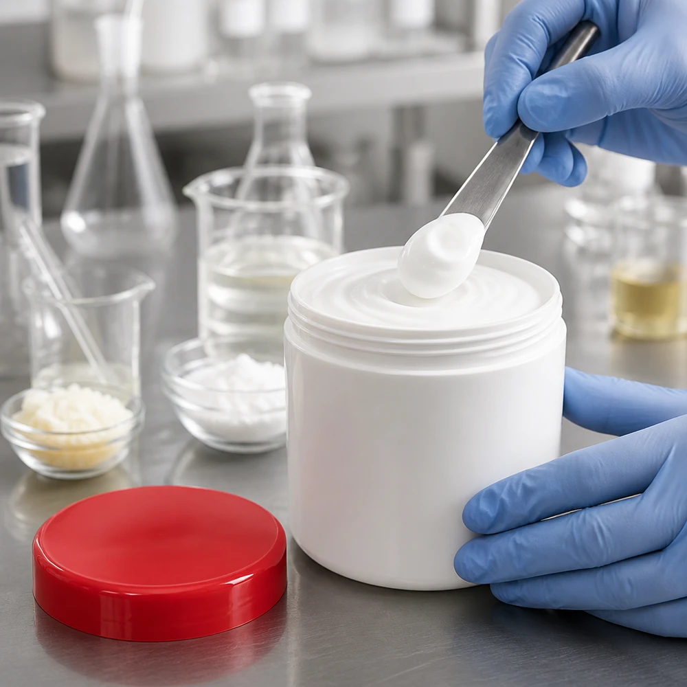 Pot à onguent blanc 20 g avec couvercle rouge (PP) Flacon en plastique blanc ouvert de 20 ml avec bouchon à vis rouge, lors du contrôle qualité