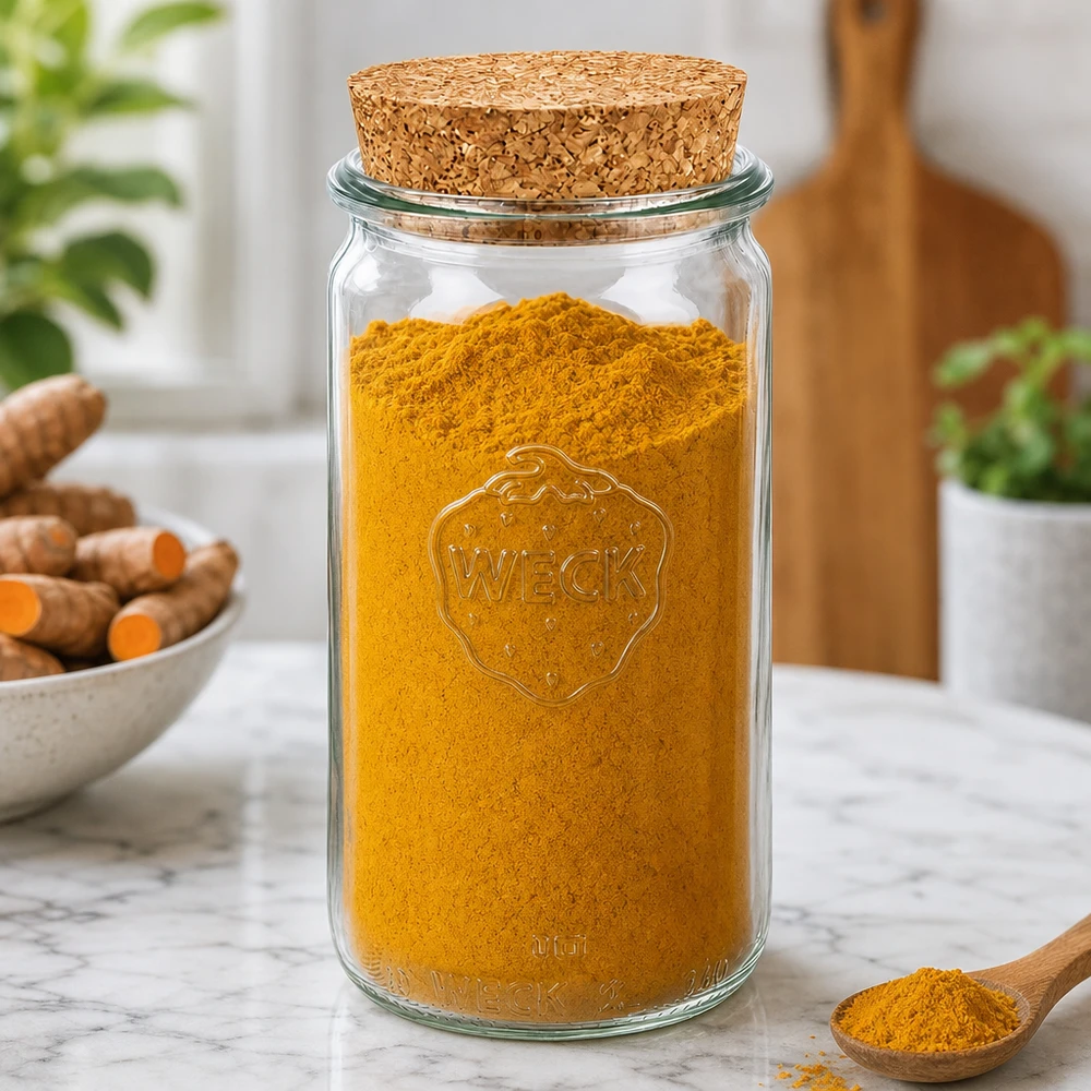 Vaso cilindrico da 340 ml WECK RR60 con tappo in sughero naturale Barattolo WECK da 340 ml RR60 pieno di curcuma mostra il coperchio di sughero ermetico per spezie e polveri