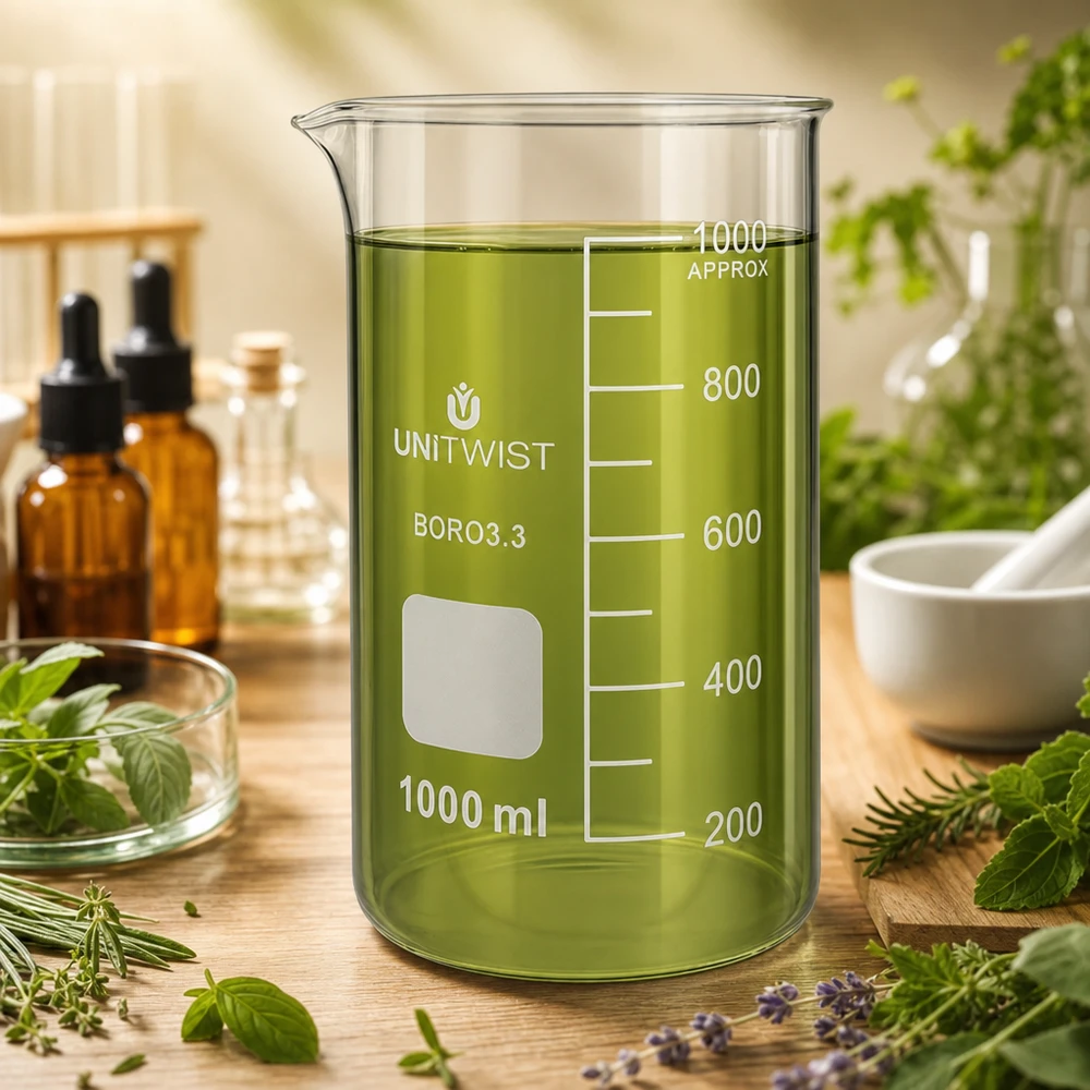Bicchiere 1000ml borosilicato, stampo alto UNITWIST Bicchiere da laboratorio UNITWIST da 1000 ml, modello alto, in borosilicato, con una soluzione di estratto di erbe di colore verde su un tavolo di legno