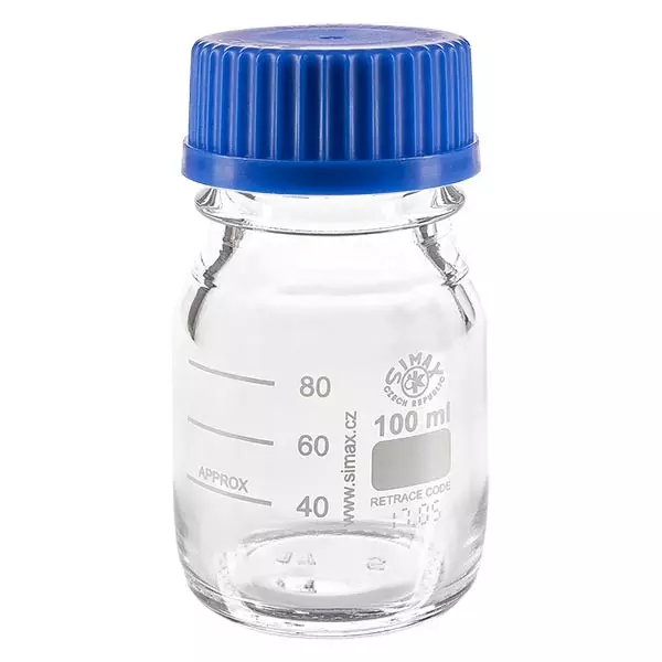 Bottiglia filettata da laboratorio 100ml con tappo, borosilicato