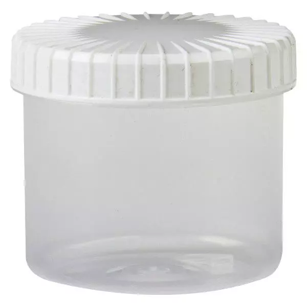 Pot en plastique transparent 135 ml + couvercle à vis blanc strié en PE, fermeture standard Pot en plastique transparent 135 ml + couvercle à vis blanc strié en PE, fermeture standard