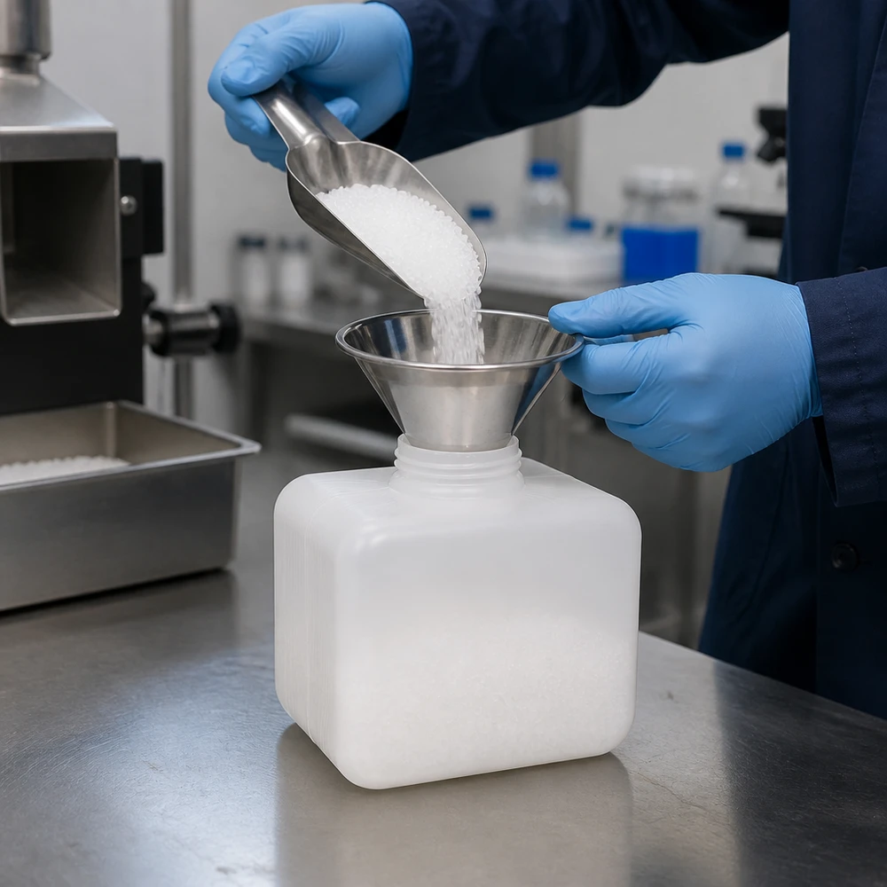 Remplissage en toute sécurité de substances solides dans un flacon pour produits chimiques de 250 ml à col étroit en PE-HD avec entonnoir