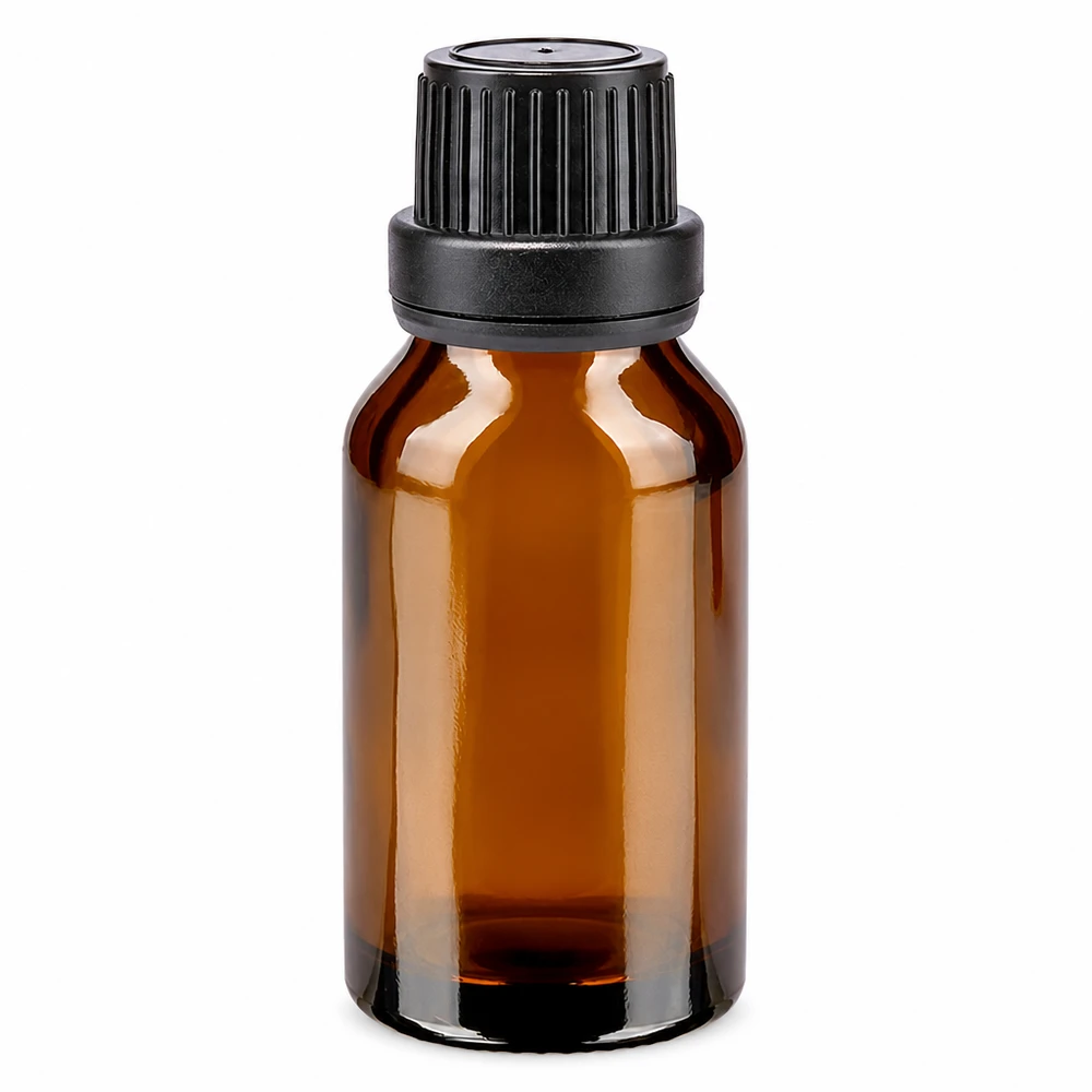 Apothekenflasche braun 15ml Schraubverschluss schwarz Dichteinlage Originalitätsverschluss Pharmazeutische Braunglasflasche 15ml UV-geschützt mit schwarzem Schraubverschluss OV