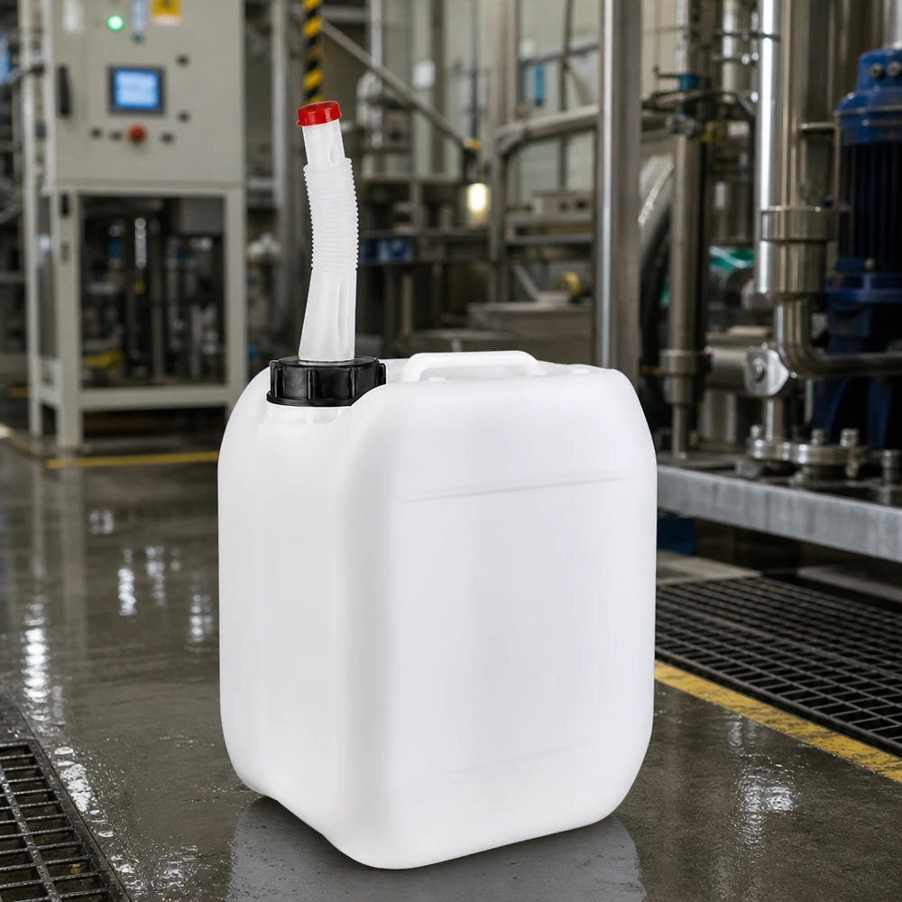 Bidon 5 litres avec tuyau d'écoulement Flex Bidon industriel de 5 litres muni d'un bec verseur flexible, posé sur le sol humide d'un hall de production