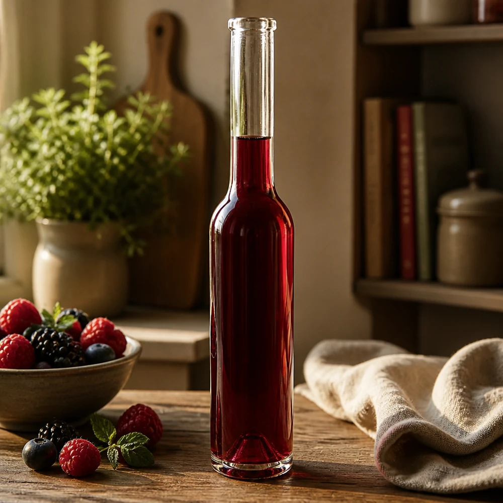 200ml Glasflasche Hugo rot befüllt mit Beerenlikör Himbeeren Brombeeren Küchensetting warme Atmosphäre Lifestyle