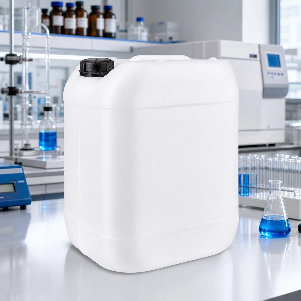 Jerrican de 20 litres avec bouchon à vis Bidon rectangulaire en PEHD de 20 L avec bouchon OV noir dans un laboratoire moderne