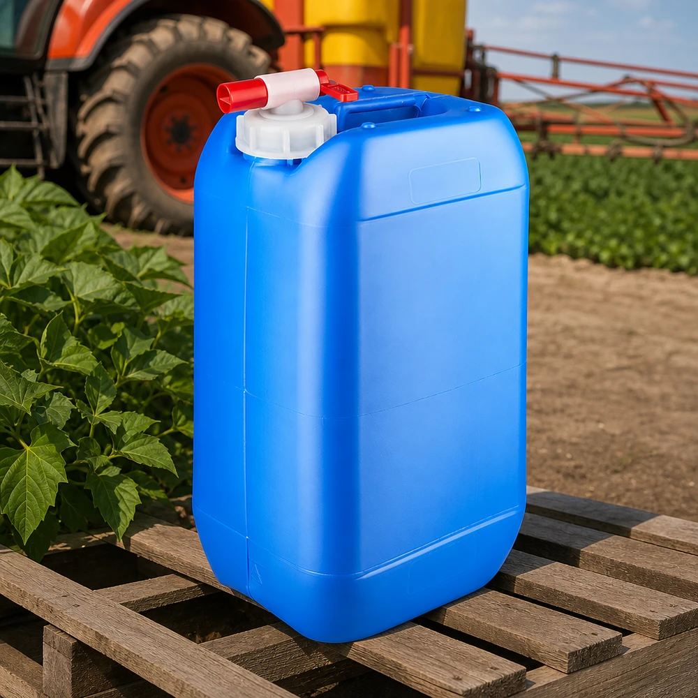 Bidon 15 litres bleu avec robinet Bidon en plastique bleu de 15 litres muni d'un robinet de vidange, posé sur une palette en bois devant un tracteur et un champ