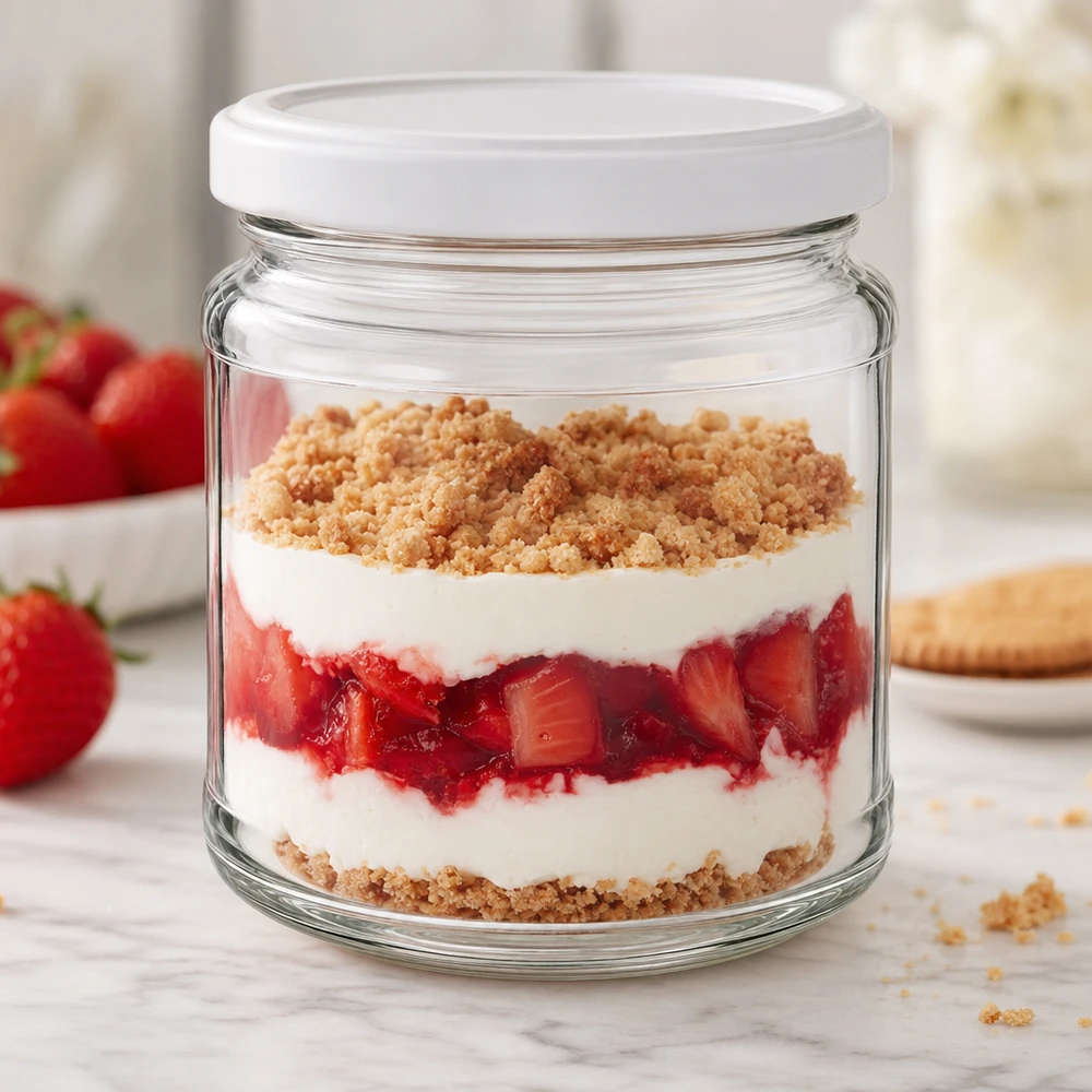 212ml Rundglas mit BasicSeal Deckel als Dessertglas für Erdbeertrifle mit Sahne und Streuseln - vielseitig einsetzbar