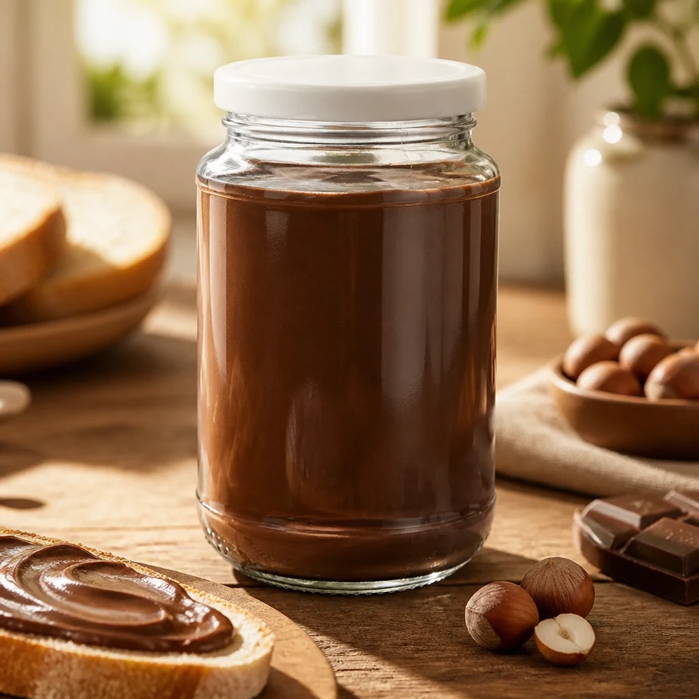 Glasgefäß 320ml von UNiTWIST mit cremiger Nuss-Nougatfüllung und Brot mit Aufstrich im Hintergrund