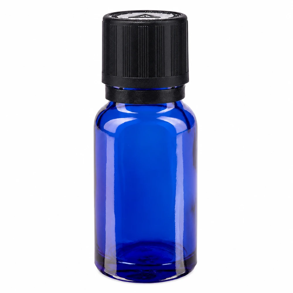 10ml Apotheker Tropfflasche blau Borosilikatglas mit schwarzem KiSi Verschluss und Blindstopfen