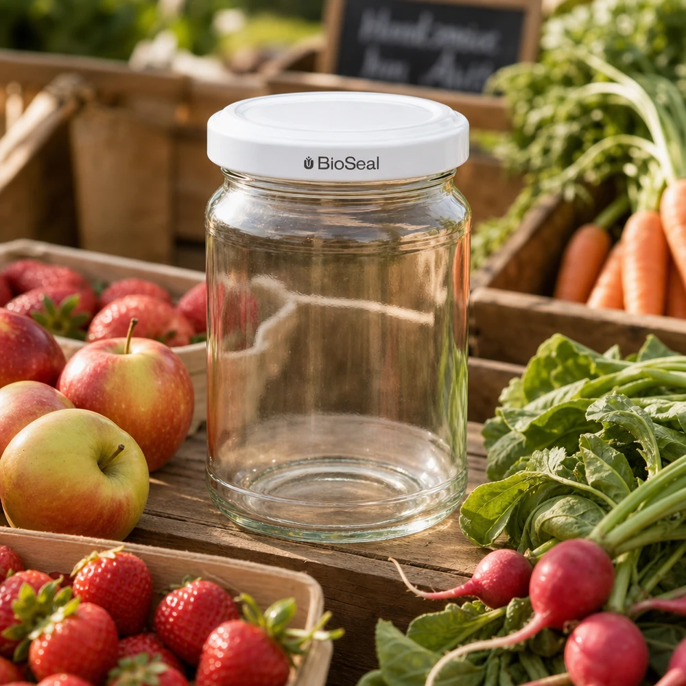 UNiTWIST Runda205 Pot de conservation avec couvercle blanc TO58 BioSeal entre les fruits et légumes frais sur l'étal du marché