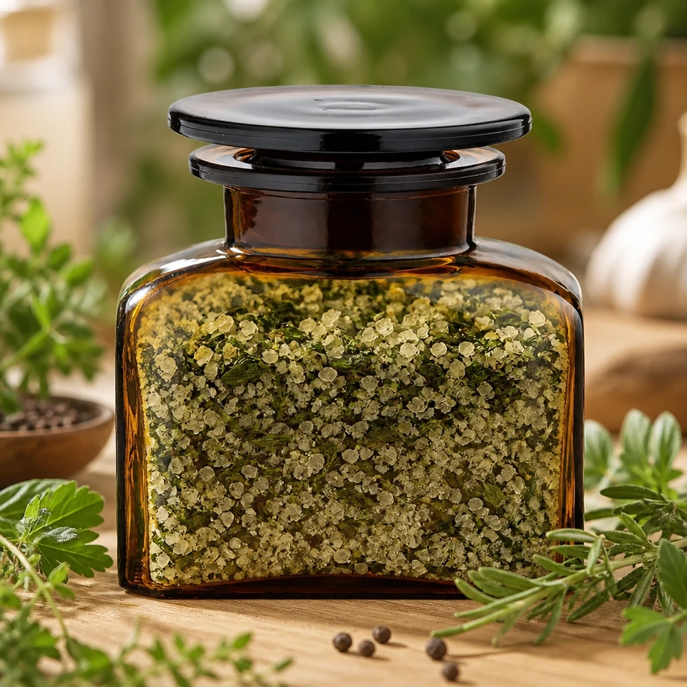 Idea barattolo per spezie: bottiglia da farmacia quadrata da 150 ml a bocca larga Barattolo per spezie in vetro ambrato a collo largo da 150 ml con sale alle erbe e tappo decorativo in vetro