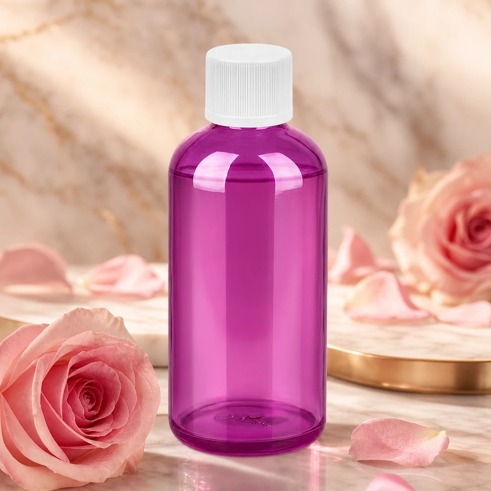 100ml Flasche 11mm Schraubverschluss weiß Standard Kindersicher PurpleLine. UT18/100 Ergonomische 100ml Flasche in lila transparent mit kindersicherem Verschluss für den Hausgebrauch