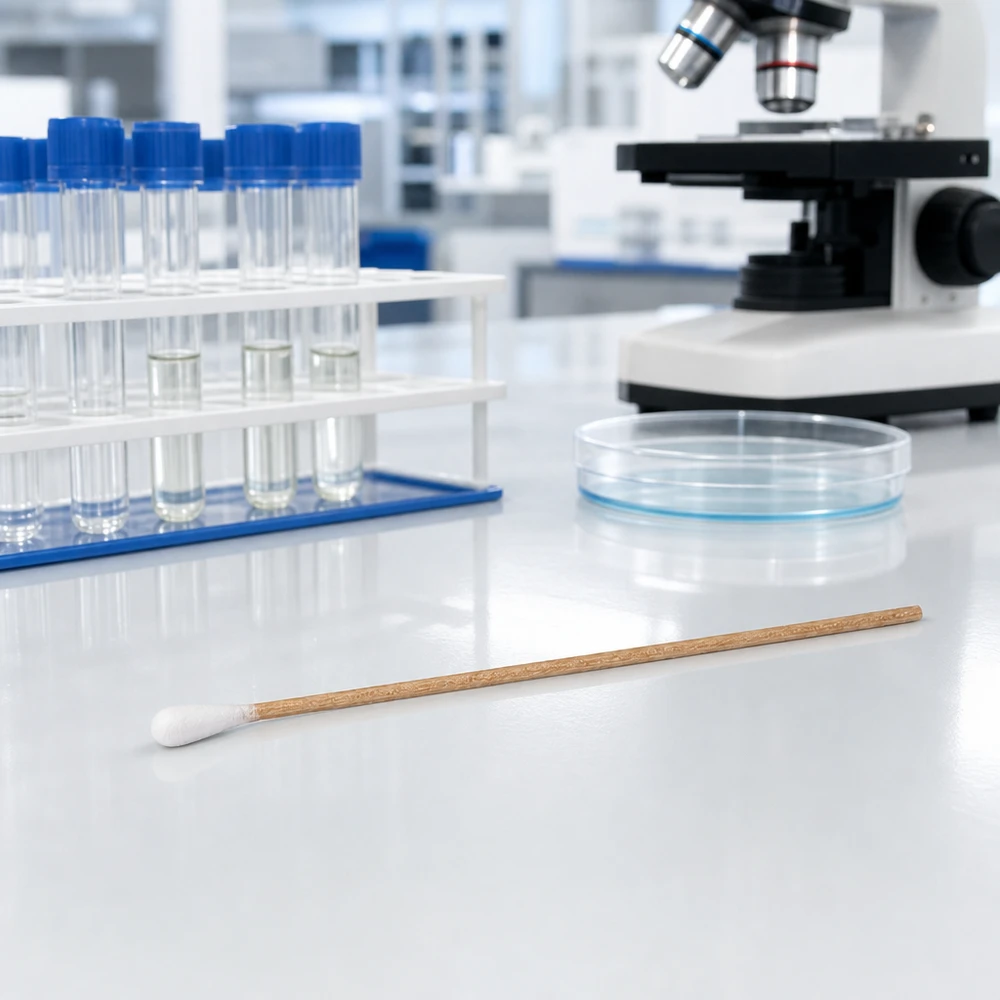Wattestäbchen unsteril für medizinische Probenentnahme auf Labortisch mit Glasgefäßen