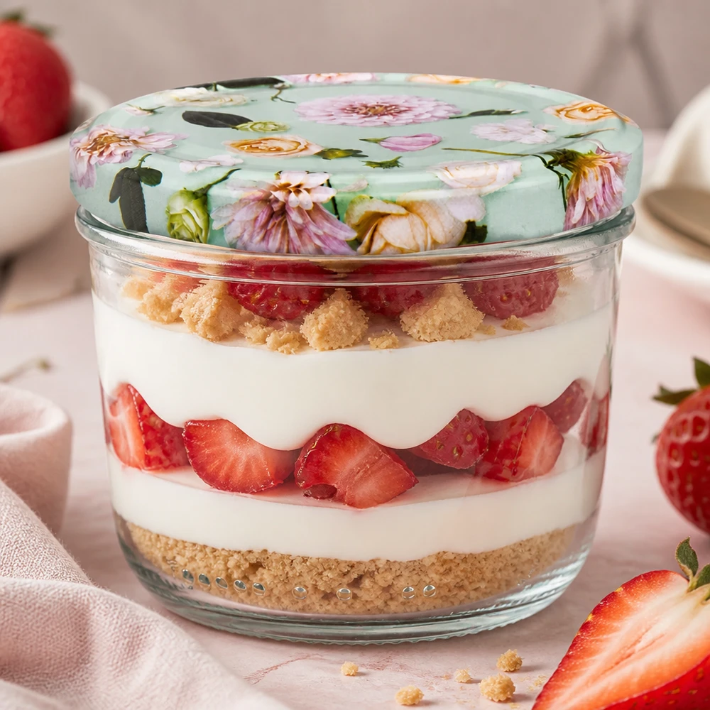 230ml Sturzglas + BasicSeal Deckel Blume mint UNiTWIST Sturzglas 230ml mit BasicSeal Deckel Blume mint als stylische Dessertschale für Tiramisu mit Erdbeeren verwendet
