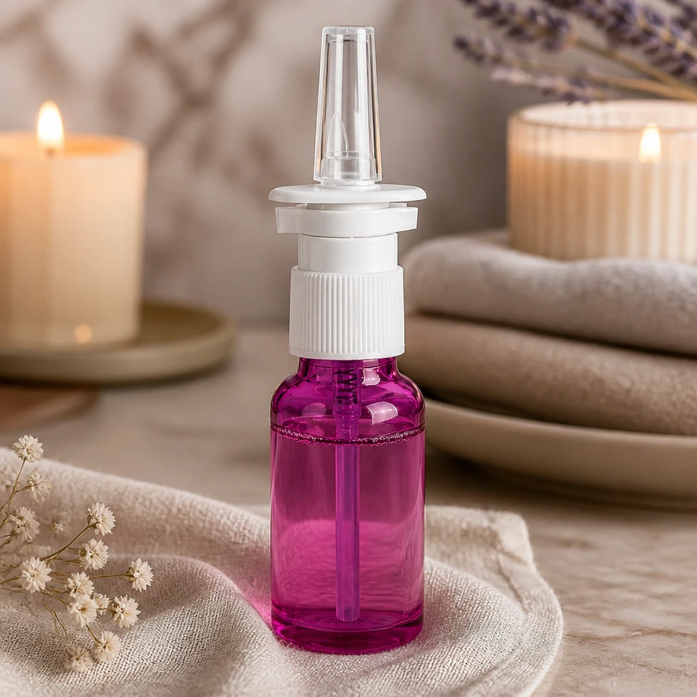 20ml Nasensprayflasche weiß/transparent Standard PurpleLine. UT18/20 20ml Nasensprayflasche mit robustem Pumpkopf in Purple perfekt für tägliche Nasenpflege