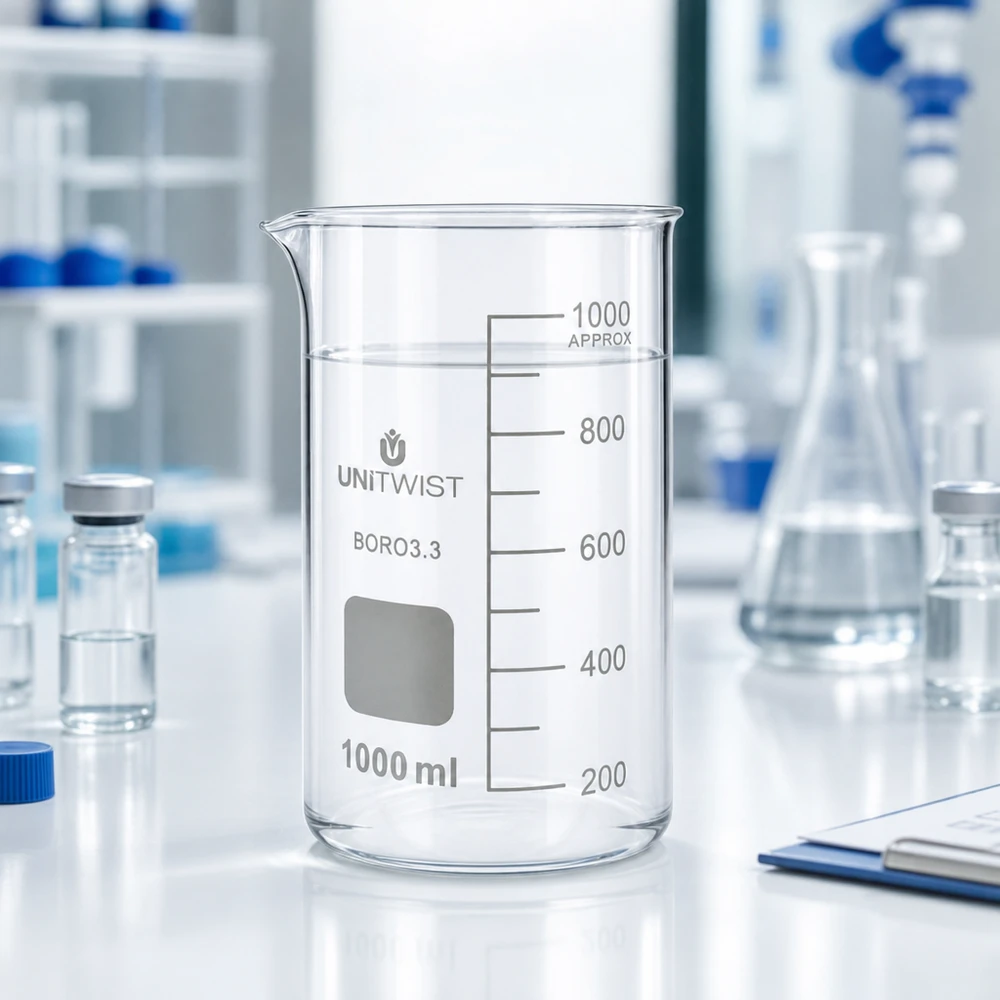 Bicchiere 1000ml borosilicato, stampo alto UNITWIST UNITWIST Bicchiere da laboratorio da 1000 ml, forma alta, borosilicato 3.3, trasparente, vuoto, su un tavolo da laboratorio bianco
