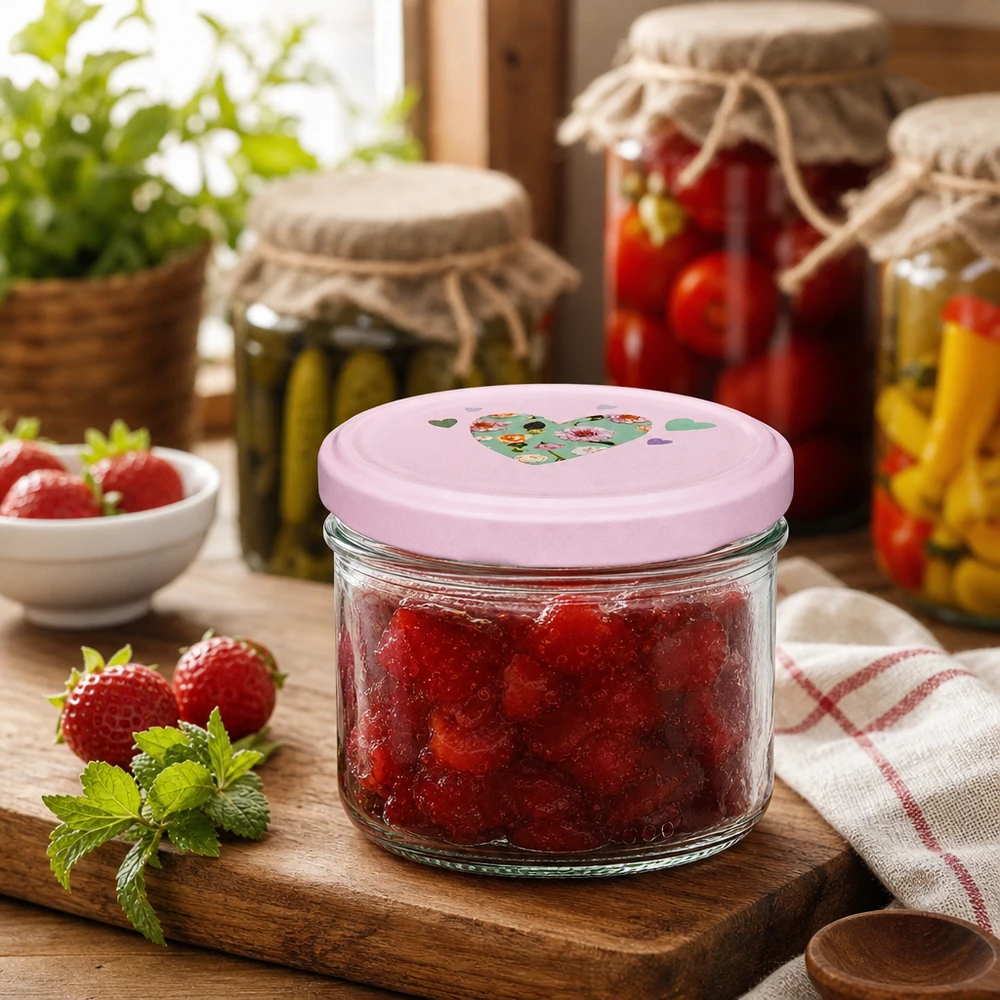 230ml Zylinderglas + BasicSeal Deckel Herz rosa 230ml Zylinderglas mit rosa Herz-Deckel gefüllt mit Erdbeermarmelade auf Holzbrett in rustikaler Küche