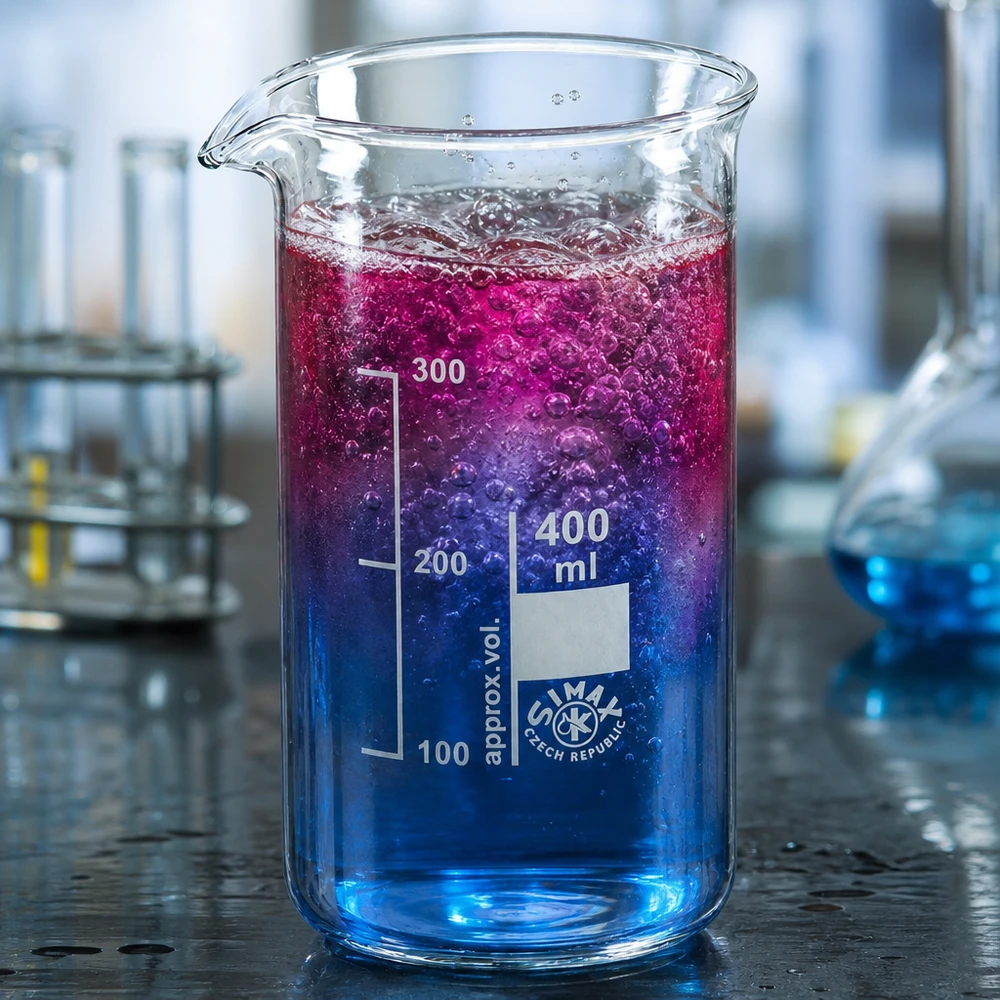 Bicchiere da 400 ml in vetro borosilicato, forma alta Bicchiere da laboratorio da 400 ml, forma alta, con miscela di reazione colorata che sfuma dal blu al rosa