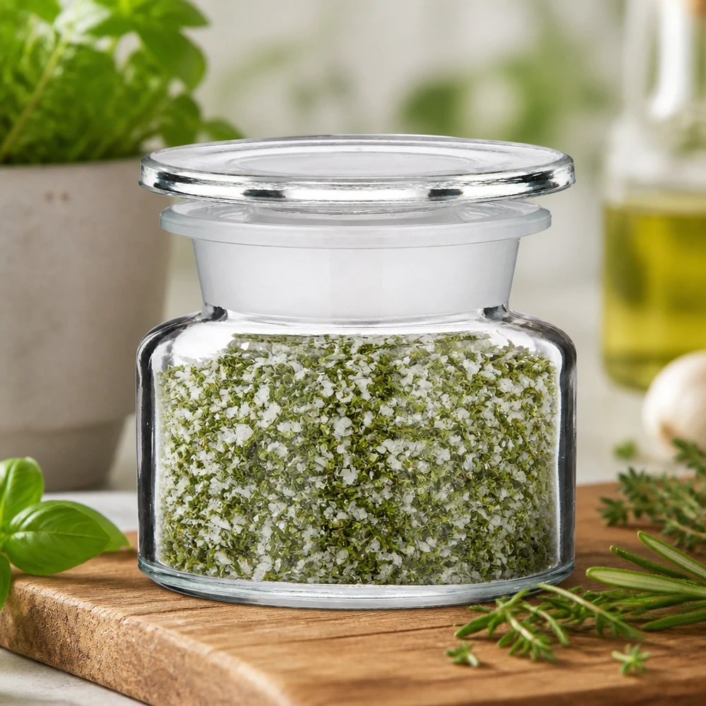 Flacone da farmacia da 50 ml in vetro trasparente con sale alle erbe, accanto a rosmarino e basilico fresco