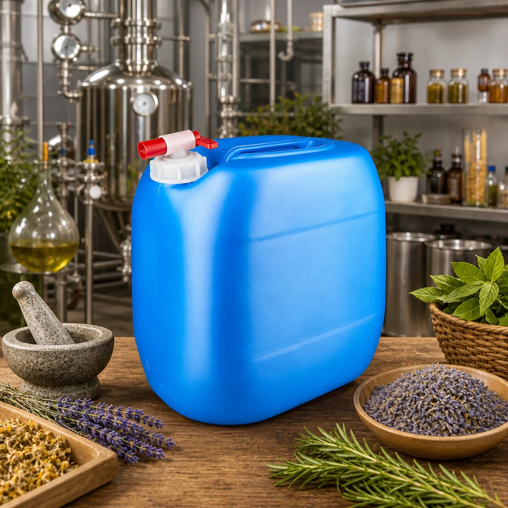 Bidon 30 litres bleu avec robinet Bidon bleu de 30 litres muni d'un robinet de vidange, posé parmi des herbes fraîches et de la lavande dans une distillerie
