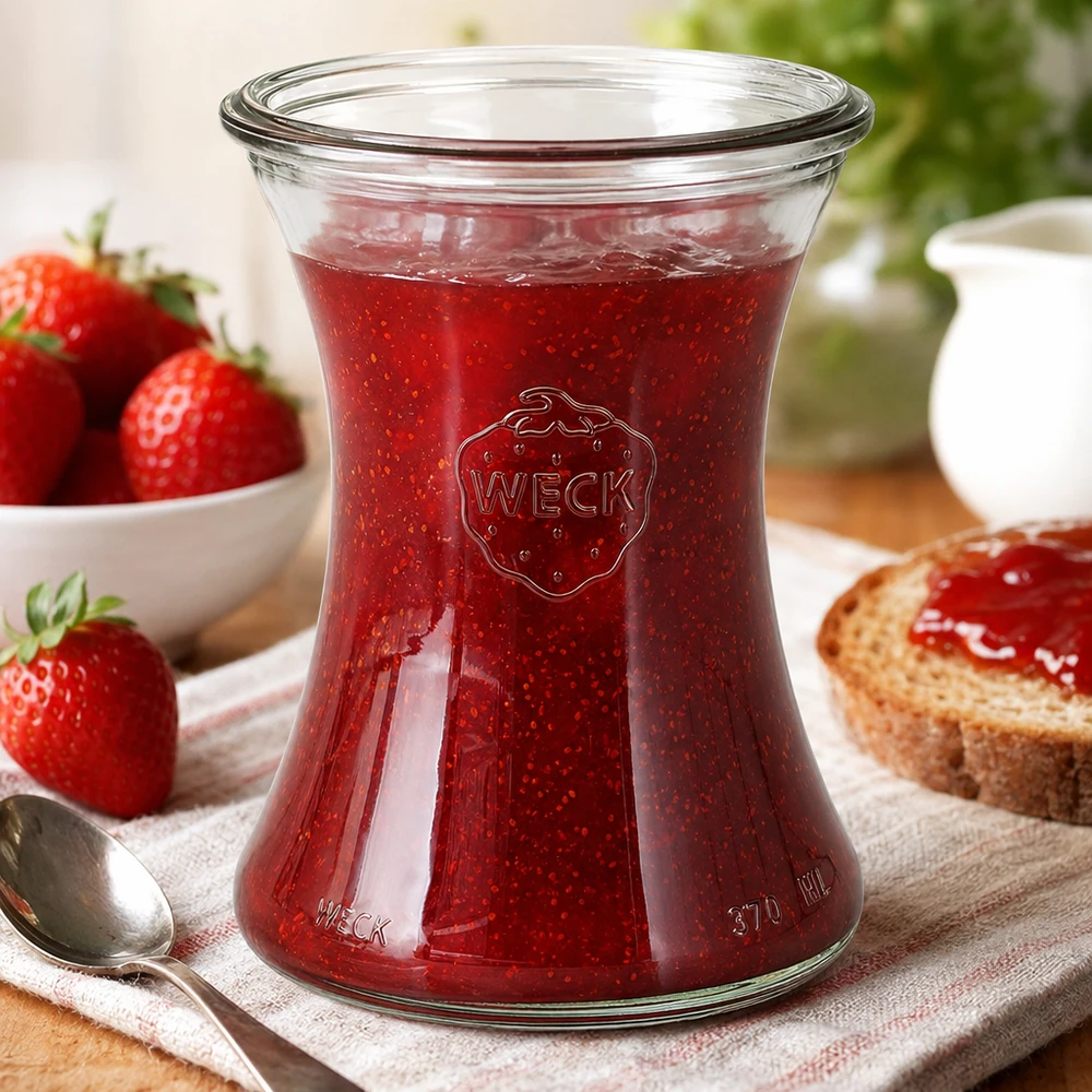 WECK Delikatessenglas 370ml RR80 mit roter Erdbeermarmelade gefüllt in gemütlichem Frühstückssetting mit Toast