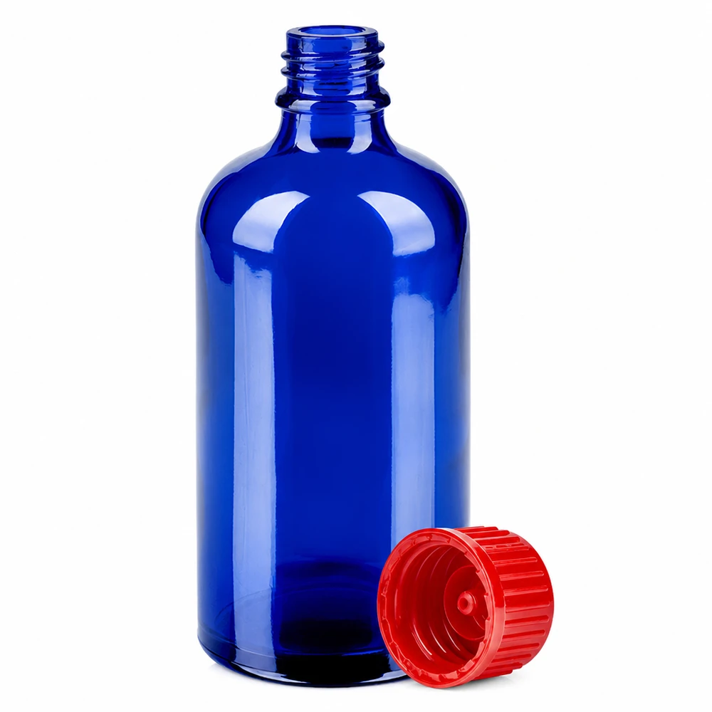 100ml Flasche 11mm Schraubverschluss rot Standard BlueLine UT18/100 UV-schützende blaue 100ml Glasflasche mit ergonomischem roten Verschluss für einfache Handhabung